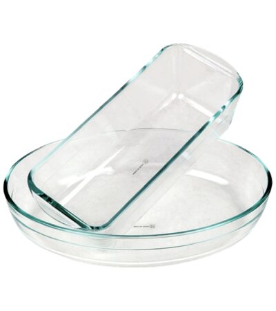 Two Chefline transparent glass loaf tins for baking bread and cakes.