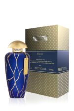 The Merchant of Venice Craquele 100 ml perfume bottle in gold and blue with a hanging metal label.