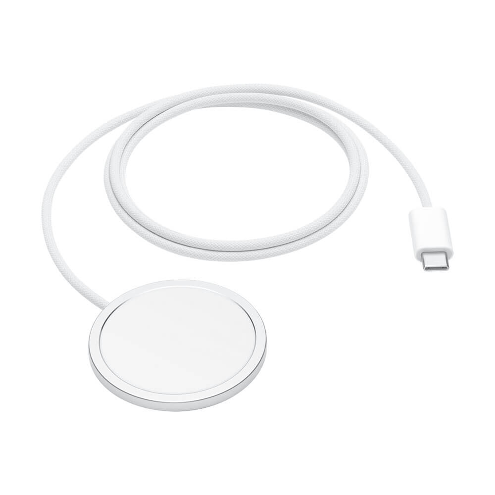 شاحن أبل ماج سيف 2 متر أبيض MGDM4ZM-A Apple 2-meter MagSafe Wireless Charger in white showing the magnetic disc and long USB-C cable.