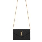 Front view of Saint Laurent Monogram Chain Wallet in black leather with a gold YSL logo.