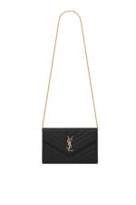 Front view of Saint Laurent Monogram Chain Wallet in black leather with a gold YSL logo.