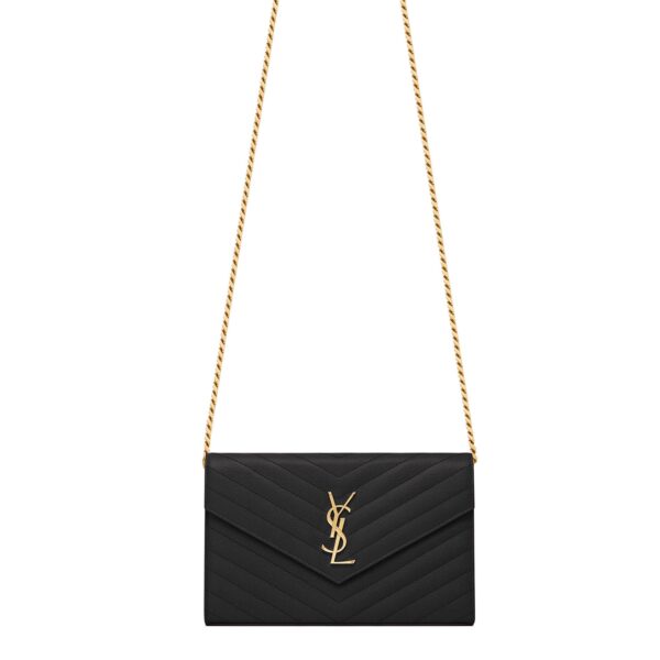 Front view of Saint Laurent Monogram Chain Wallet in black leather with a gold YSL logo.