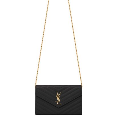 Front view of Saint Laurent Monogram Chain Wallet in black leather with a gold YSL logo.