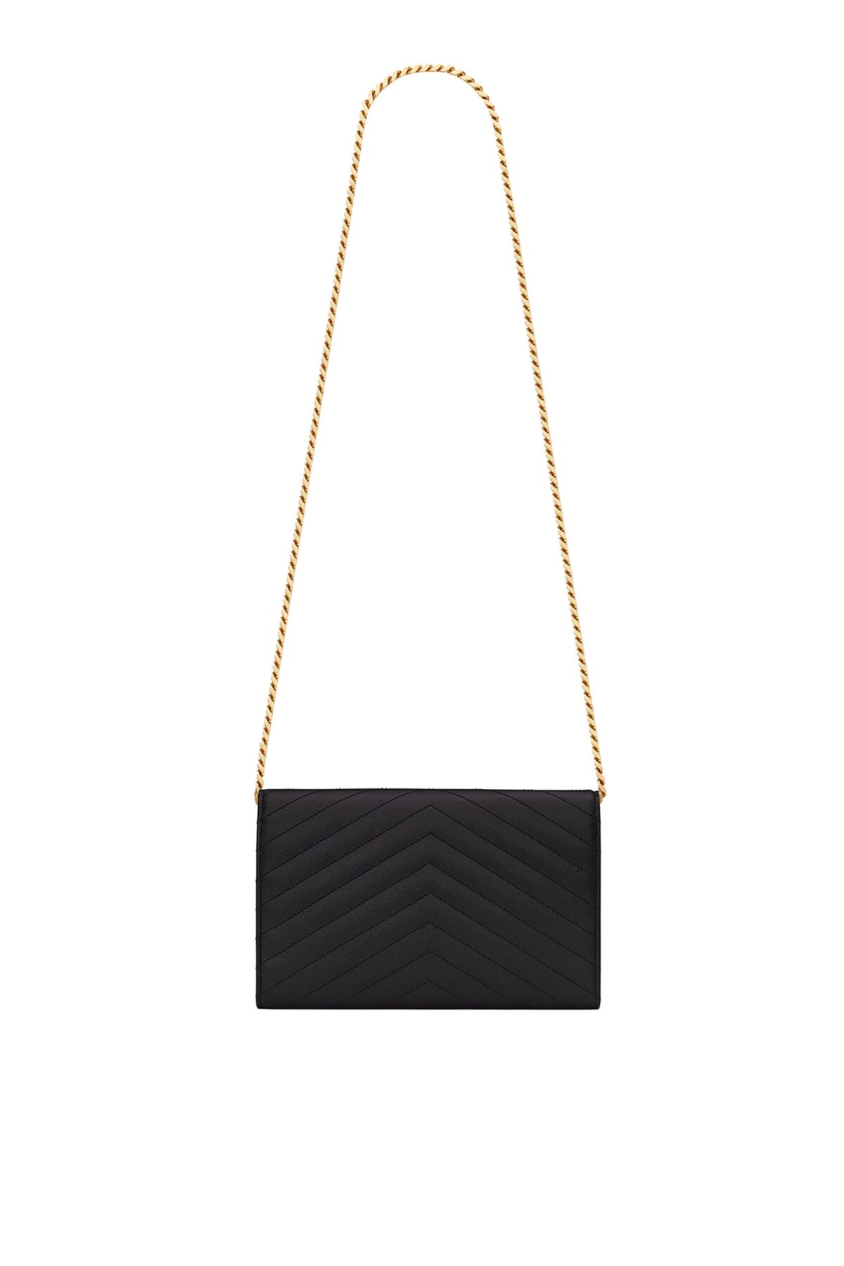 Front view of Saint Laurent Monogram Chain Wallet in black leather with a gold YSL logo.