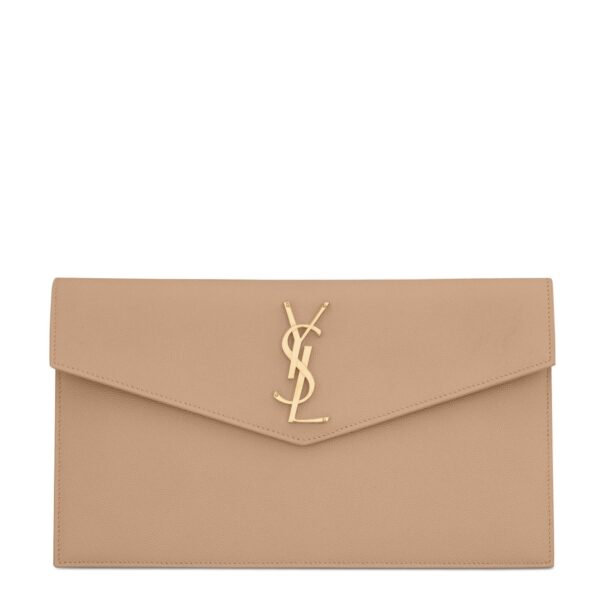 Front view of Saint Laurent Uptown Pouch in black grained leather with gold YSL logo