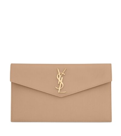 Front view of Saint Laurent Uptown Pouch in black grained leather with gold YSL logo
