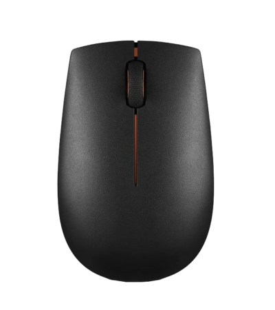 Lenovo 300 Wireless Compact Mouse in black, showing the scroll wheel and sleek design
