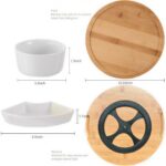 Set of 6 assorted elegant serving plates arranged with snacks and appetizers