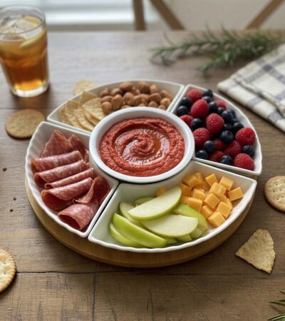 Set of 6 assorted elegant serving plates arranged with snacks and appetizers