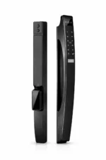 Smart Lock with Face ID camera and video intercom screen on a black door