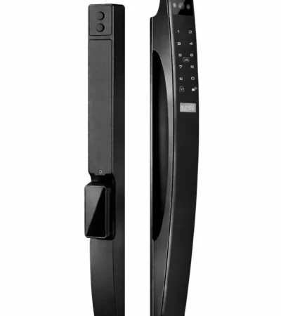 Smart Lock with Face ID camera and video intercom screen on a black door