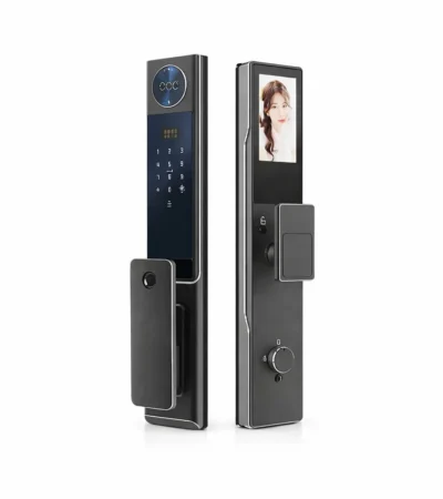 S09 Smart Lock with dual cameras and digital display on a modern door