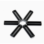 Black foldable heat insulation pot holder by Tawfeer showing the cross-shaped unfolded design on a kitchen counter.