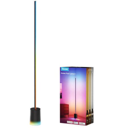 Govee RGBICWW Floor Lamp 2 showing multicolor light effects in a living room corner.