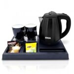 Saga 1.2L electric kettle set with two black ceramic cups on an ABS tray