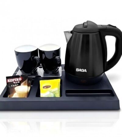 Saga 1.2L electric kettle set with two black ceramic cups on an ABS tray