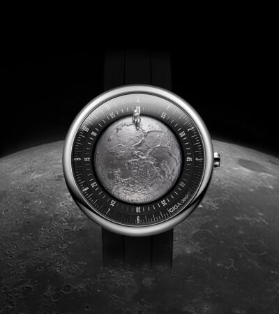 CIGA Design Moon Walker watch featuring a micro-engraved lunar surface dial and a miniature astronaut hand.
