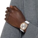 Gucci 25H YA163439 stainless steel watch with white rubber strap and pink gold bezel