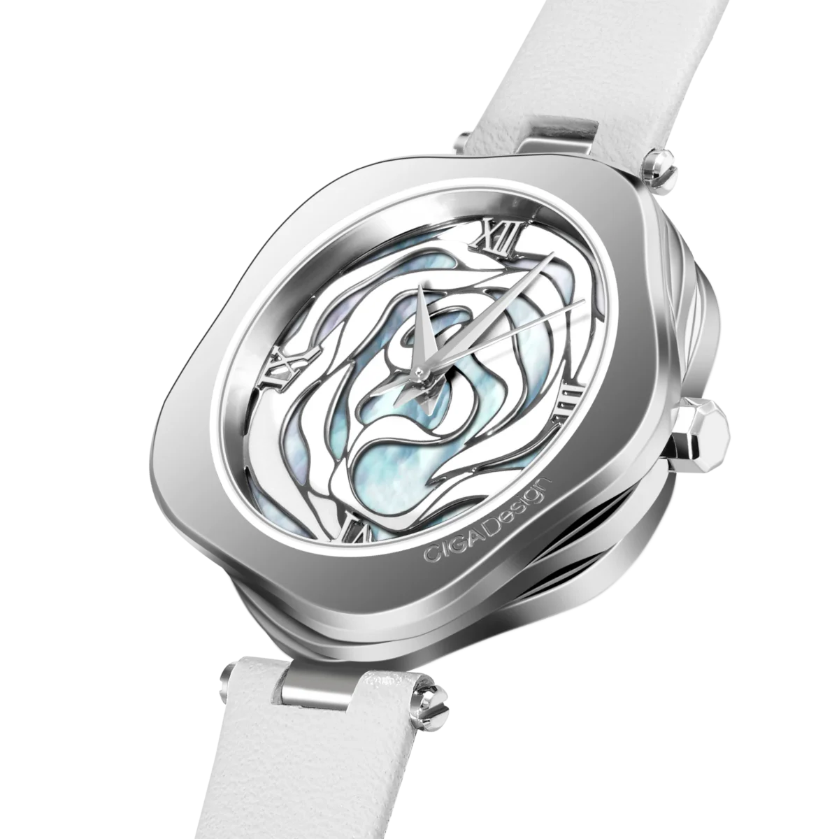 CIGA Design Denmark Rose watch with layered petal case and mother-of-pearl dial