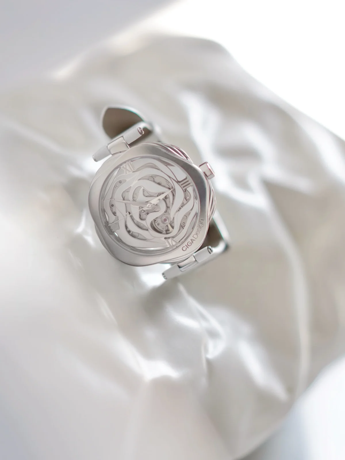 CIGA Design Denmark Rose watch with layered petal case and mother-of-pearl dial