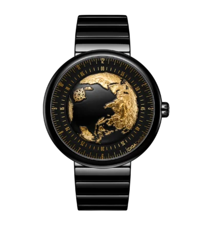 CIGA Design Blue Planet II Gilded Age watch with 24K gold earth dial and ceramic case