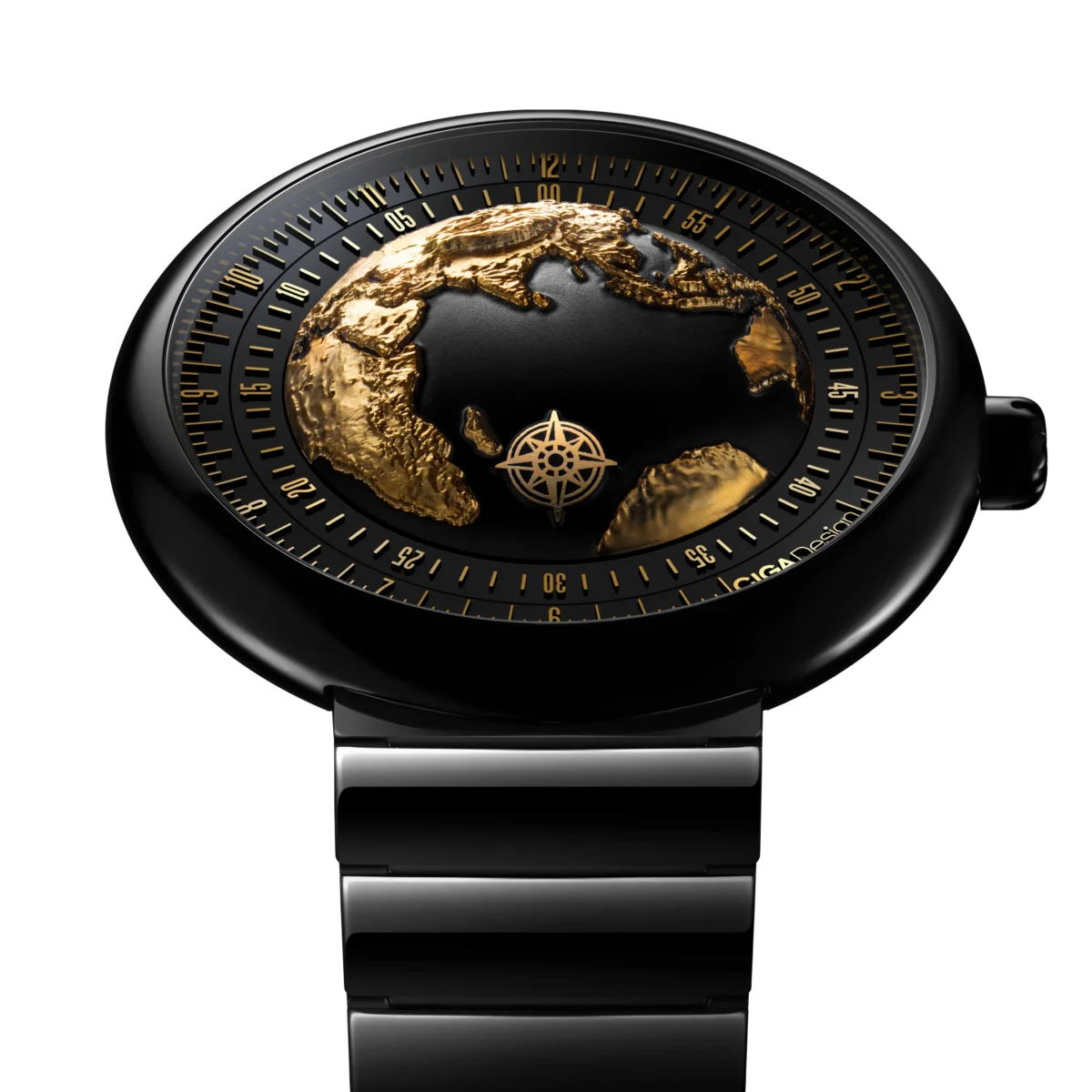 CIGA Design Blue Planet II Gilded Age watch with 24K gold earth dial and ceramic case