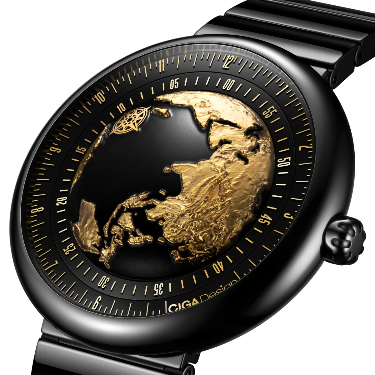 CIGA Design Blue Planet II Gilded Age watch with 24K gold earth dial and ceramic case
