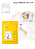 A folded 4-piece disposable bedding set in blue and green packaging