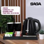 Saga 1.2L electric kettle set with two black ceramic cups on an ABS tray