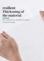 A folded 4-piece disposable bedding set in blue and green packaging