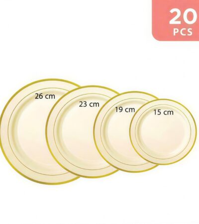 Stack of 20 white heavy-duty plastic plates with gold trim on a banquet table