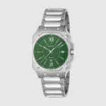 Gucci G-Flat watch with green opaline dial and stainless steel bracelet