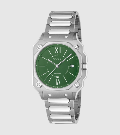 Gucci G-Flat watch with green opaline dial and stainless steel bracelet