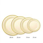 Stack of 20 white heavy-duty plastic plates with gold trim on a banquet table