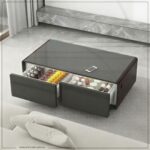 Wooden smart coffee table with open fridge drawers and LED lighting.
