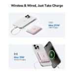 The pink Baseus PicoGo AM31 magnetic power bank attached to a phone using its built-in kickstand.