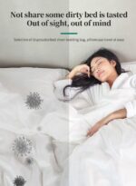 A folded 4-piece disposable bedding set in blue and green packaging