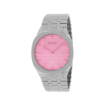 Gucci 25H ultra-slim watch with a 38mm pink dial and stainless steel bracelet.