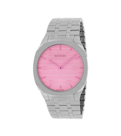 Gucci 25H ultra-slim watch with a 38mm pink dial and stainless steel bracelet.