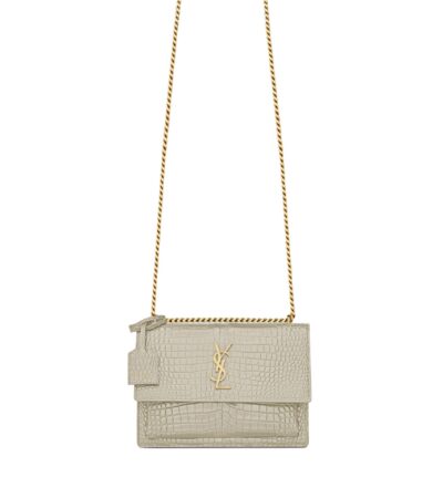 Saint Laurent Sunset Medium Crocodile-Embossed Shoulder Bag – White