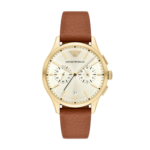 Close-up of a men's gold-tone chronograph watch with a cream dial and brown leather strap.