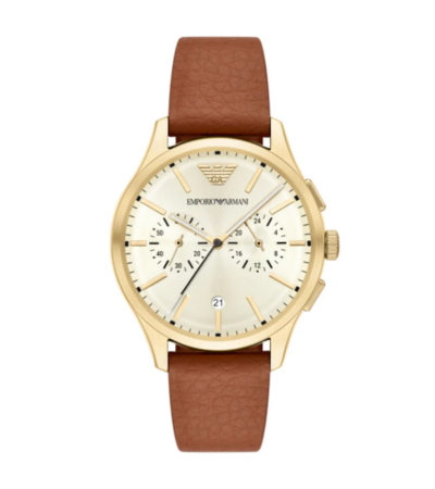 Close-up of a men's gold-tone chronograph watch with a cream dial and brown leather strap.