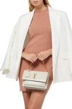 Saint Laurent Sunset Medium Crocodile-Embossed Shoulder Bag – White