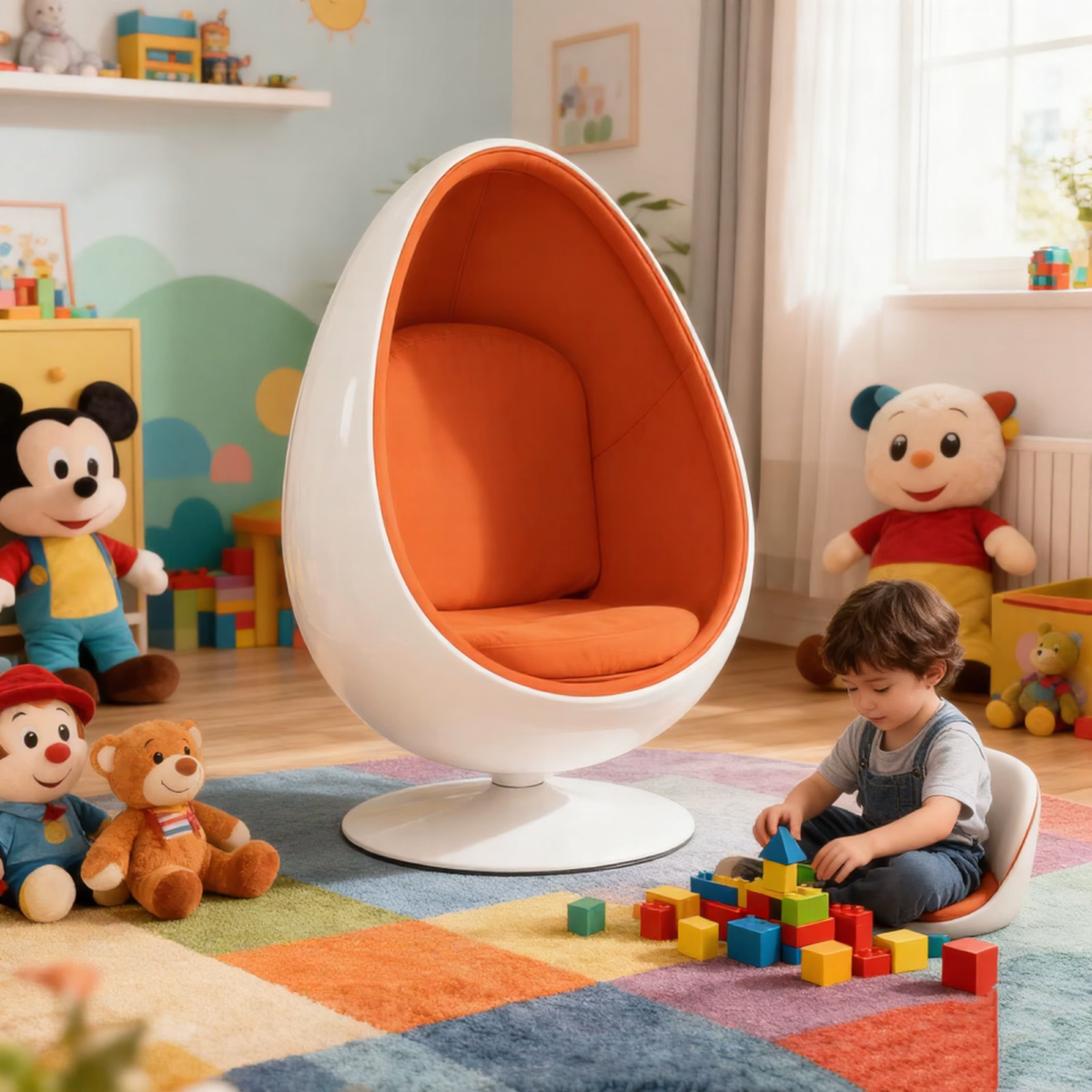 Modern upholstered fiberglass egg chair with tufted back for luxury interiors