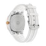 Gucci 25H YA163439 stainless steel watch with white rubber strap and pink gold bezel