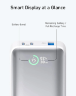 Anker 533 Powercore 10000mAh 30W PD power bank in white showing the LCD status display.