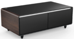 Wooden smart coffee table with open fridge drawers and LED lighting.