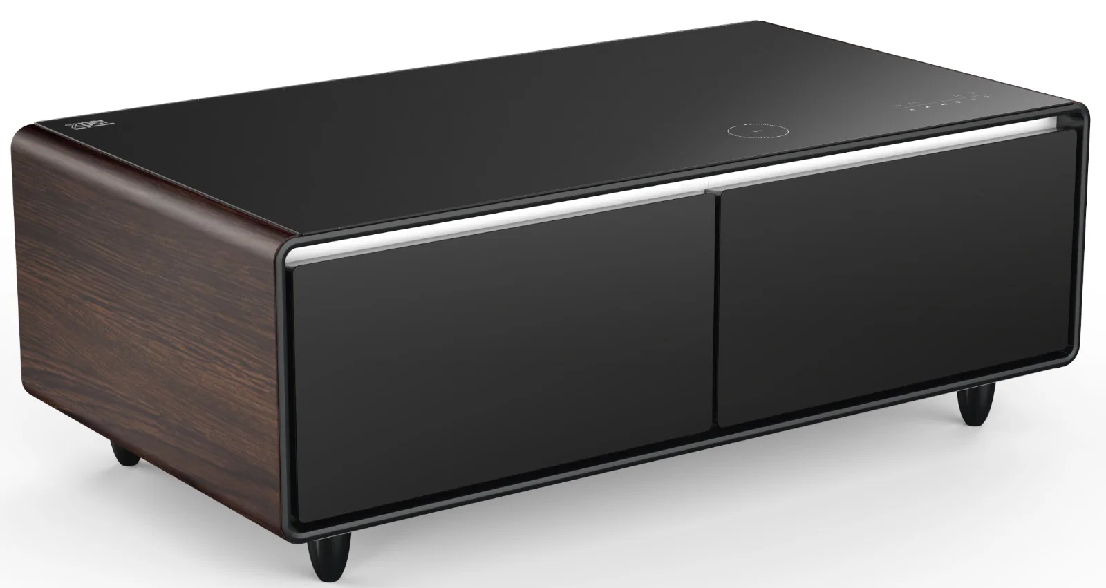 Wooden smart coffee table with open fridge drawers and LED lighting.