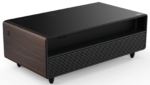 Wooden smart coffee table with open fridge drawers and LED lighting.