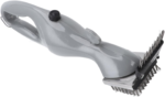 Stainless steel barbeque grill steam brush cleaning a black outdoor grill grate.
